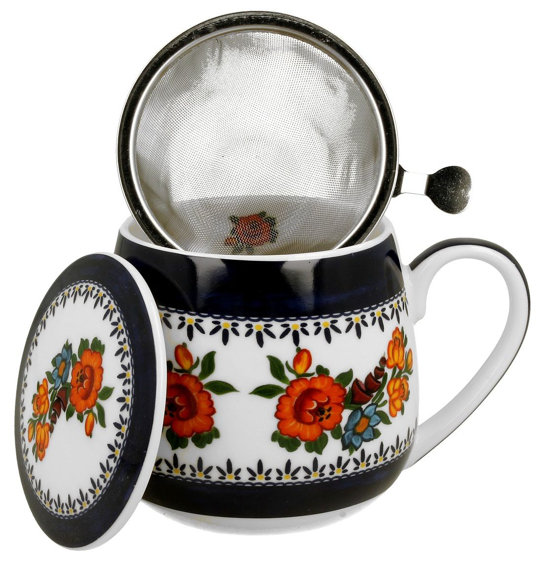 Kubek porcelanowy baryłka Indigo 2 z pokrywką i zdobieniami w kwiaty.