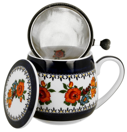 Kubek porcelanowy baryłka Indigo 2 z pokrywką i zdobieniami w kwiaty.