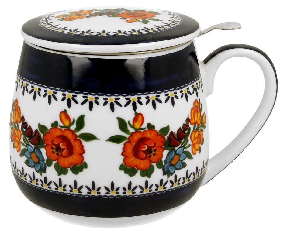 Kubek porcelanowy baryłka Indigo 2 z metalowym zaparzaczem i pokrywką.