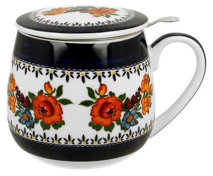 Kubek porcelanowy baryłka Indigo 2 z metalowym zaparzaczem i pokrywką.