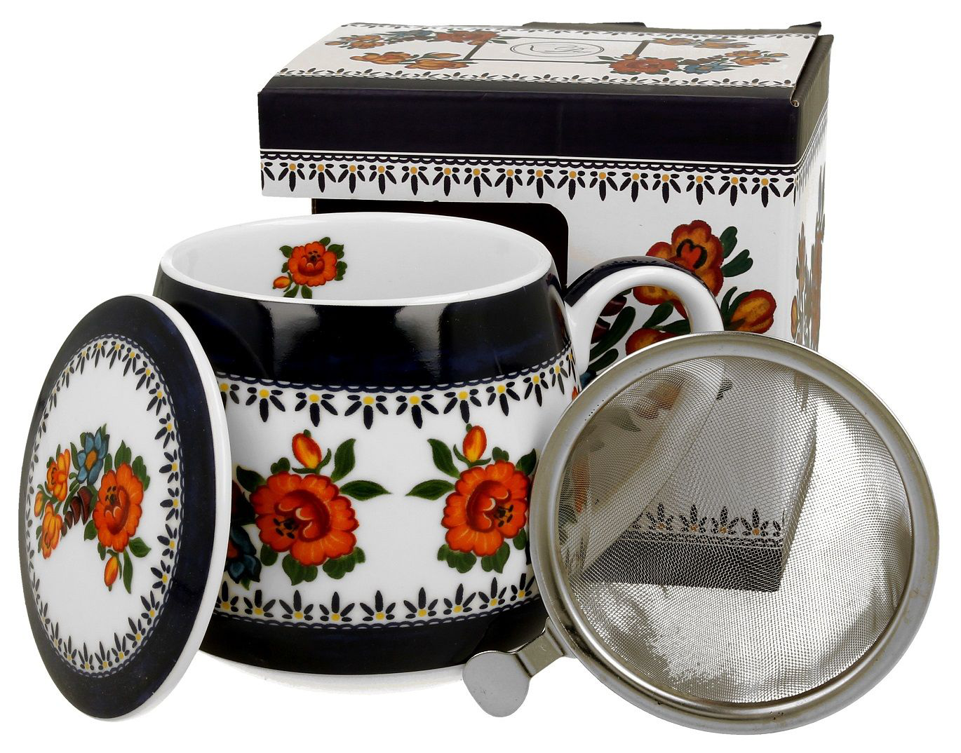 Zestaw kubek porcelanowy baryłka Indigo 2 z zaparzaczem i pudełkiem ozdobnym.