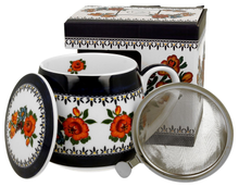 Zestaw kubek porcelanowy baryłka Indigo 2 z zaparzaczem i pudełkiem ozdobnym.