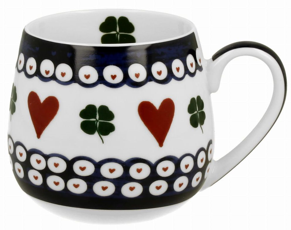 Porcelanowy kubek baryłka Indigo 3 o pojemności 430 ml, zdobiony czerwonymi sercami i zielonymi koniczynami na białym tle.