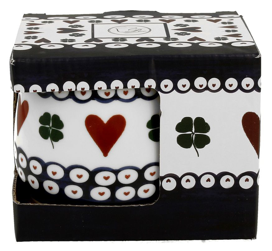 Ozdobne pudełko prezentowe z motywem serc i koniczynek, dopasowane do porcelanowego kubka z zaparzaczem.
