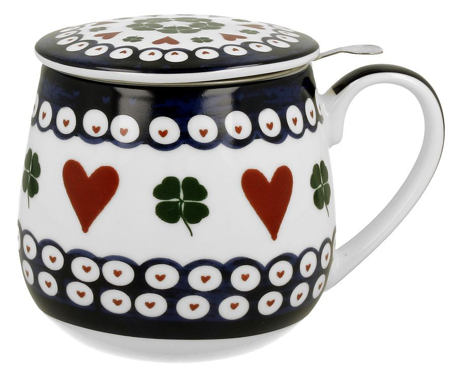 Kubek porcelanowy baryłka z pokrywką i uchwytem, zdobiony czerwonymi sercami i zielonymi koniczynkami.