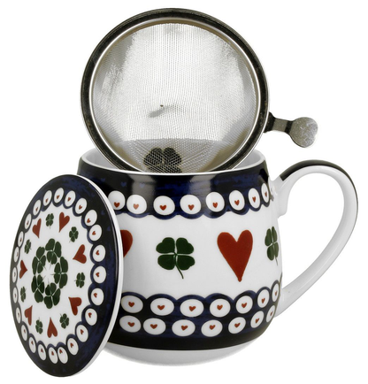 Kubek porcelanowy baryłka z sitkiem ze stali nierdzewnej i pokrywką, wzór Indigo 3.