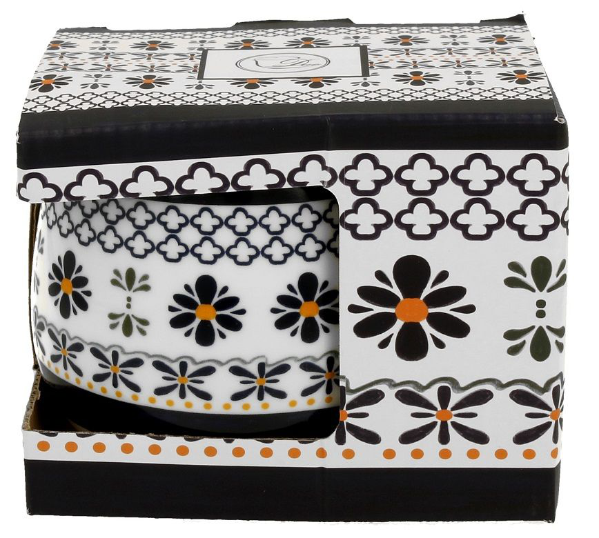 Ozdobne pudełko prezentowe z motywem geometryczno-kwiatowym, dopasowane do porcelanowego kubka z zaparzaczem.