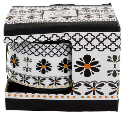 Ozdobne pudełko prezentowe z motywem geometryczno-kwiatowym, dopasowane do porcelanowego kubka z zaparzaczem.