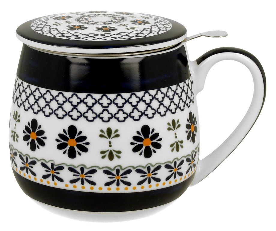 Kubek porcelanowy z pokrywką i uchwytem, zdobiony czarno-granatowym motywem kwiatowym.