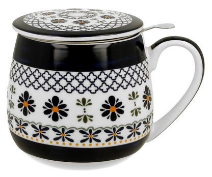 Kubek porcelanowy z pokrywką i uchwytem, zdobiony czarno-granatowym motywem kwiatowym.