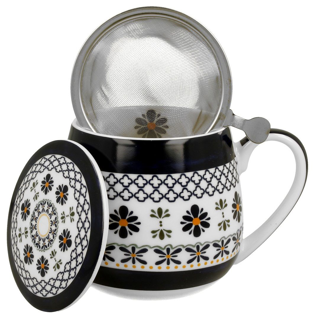 Kubek porcelanowy baryłka z sitkiem ze stali nierdzewnej i pokrywką, wzór Indigo 4.