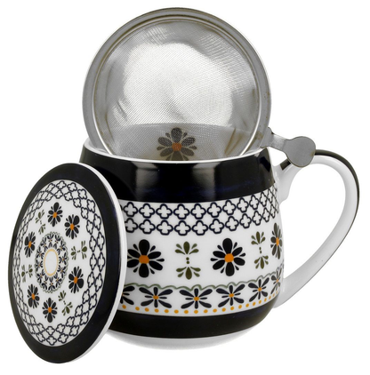 Kubek porcelanowy baryłka z sitkiem ze stali nierdzewnej i pokrywką, wzór Indigo 4.