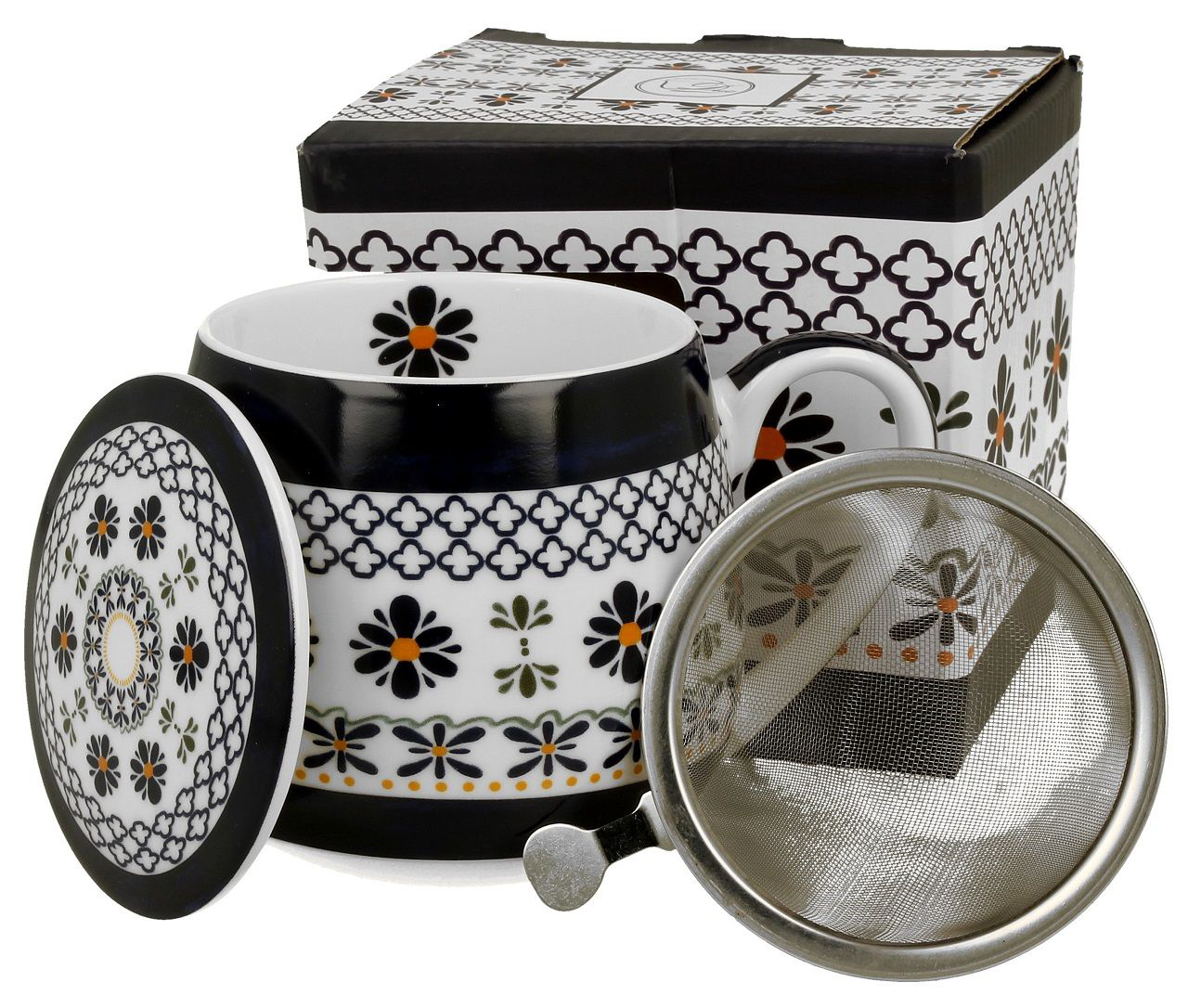 Komplet: porcelanowy kubek baryłka z zaparzaczem, pokrywką i ozdobnym pudełkiem w zestawie.