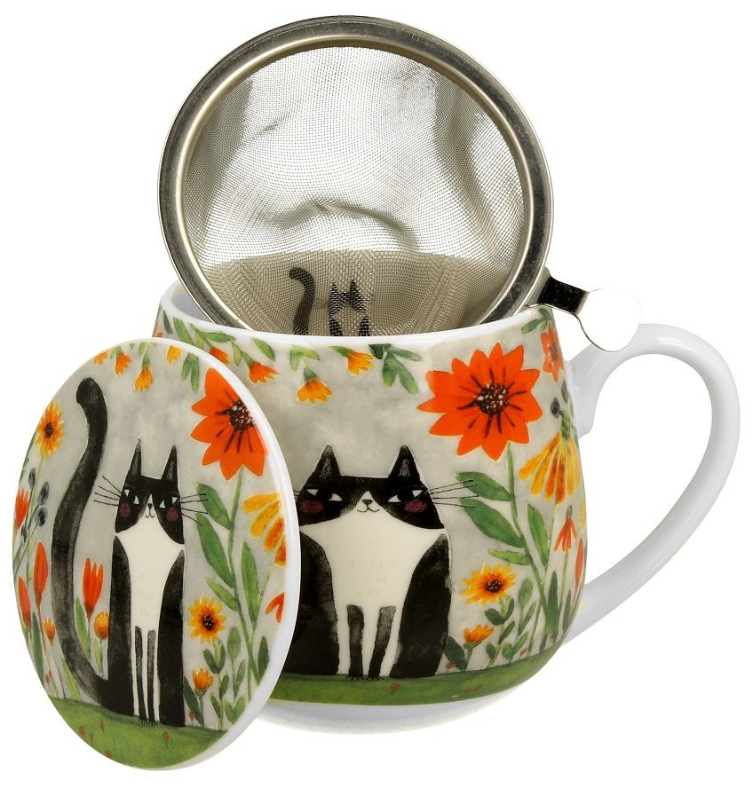 Kubek porcelanowy baryłka z zaparzaczem i pokrywką, wzór Koci Świat Łąka.