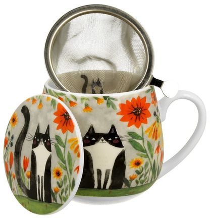Kubek porcelanowy baryłka z zaparzaczem i pokrywką, wzór Koci Świat Łąka.