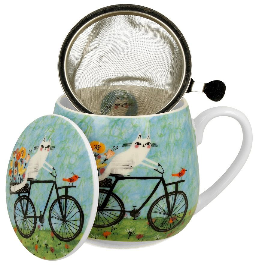 Kubek porcelanowy z zaparzaczem ze stali nierdzewnej i pokrywką, ozdobiony motywem kota na rowerze.