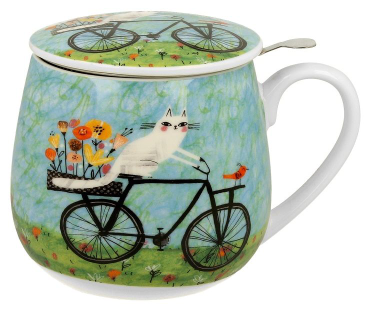 Kubek porcelanowy baryłka z pokrywką, wzór kot jadący na rowerze z kwiatami i ptaszkiem.