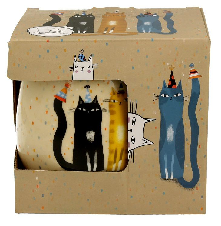 Ozdobne pudełko prezentowe z motywem kotów w czapeczkach imprezowych, dopasowane do kubka porcelanowego baryłki.