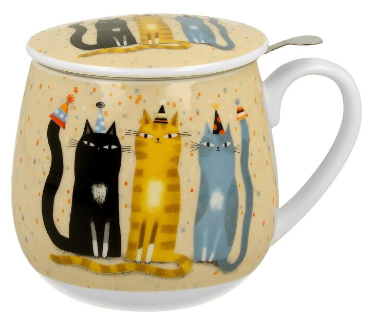 Kubek porcelanowy z pokrywką i uchwytem, zdobiony kolorowym motywem kotów na imprezie.