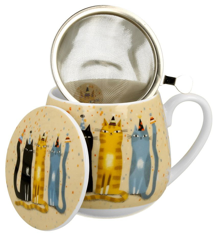 Kubek porcelanowy baryłka z zaparzaczem i pokrywką, wzór Koci Świat Party.