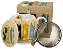 Zestaw: porcelanowy kubek baryłka z zaparzaczem, pokrywką i pudełkiem prezentowym, wzór Koci Świat Party.