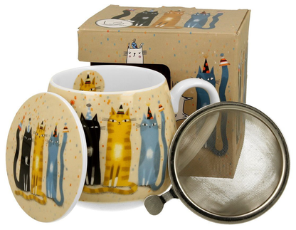 Zestaw: porcelanowy kubek baryłka z zaparzaczem, pokrywką i pudełkiem prezentowym, wzór Koci Świat Party.