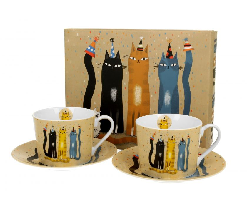 Zestaw prezentowy filiżanek ze spodkami w pudełku z motywem kotów Party.