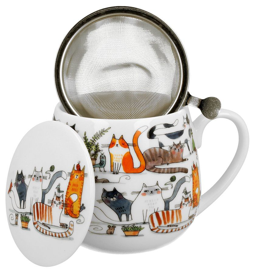 Kubek baryłka Koci Świat Leniwe koty 430 ml z zaparzaczem i pokrywką