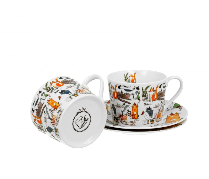 Zestaw filiżanek Koci Świat Leniwe Koty z dopasowanymi spodkami.