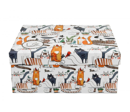 Pudełko prezentowe z motywem leniwych kotów i roślin.