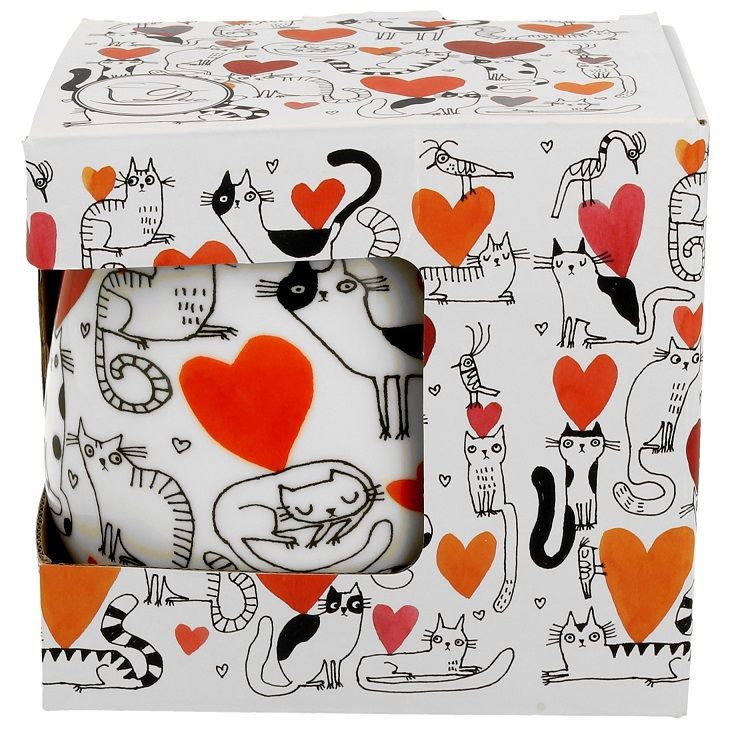 Ozdobne pudełko prezentowe z motywem kotów i czerwonych serc, dopasowane do porcelanowego kubka z zaparzaczem.