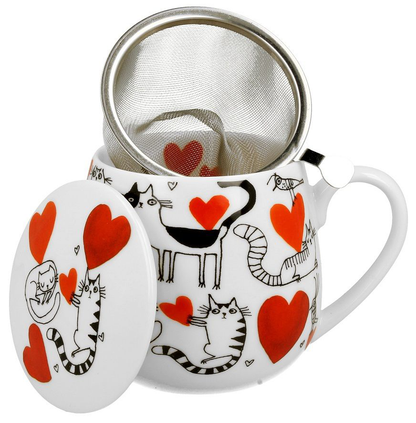 Kubek porcelanowy baryłka z zaparzaczem i pokrywką, wzór koty i serca.