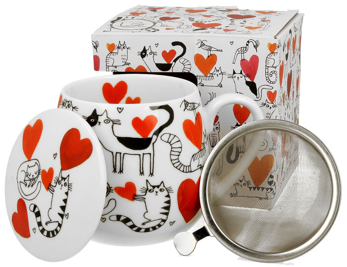Komplet kubek baryłka z zaparzaczem, pokrywką i pudełkiem prezentowym, wzór Koci Świat Serca.