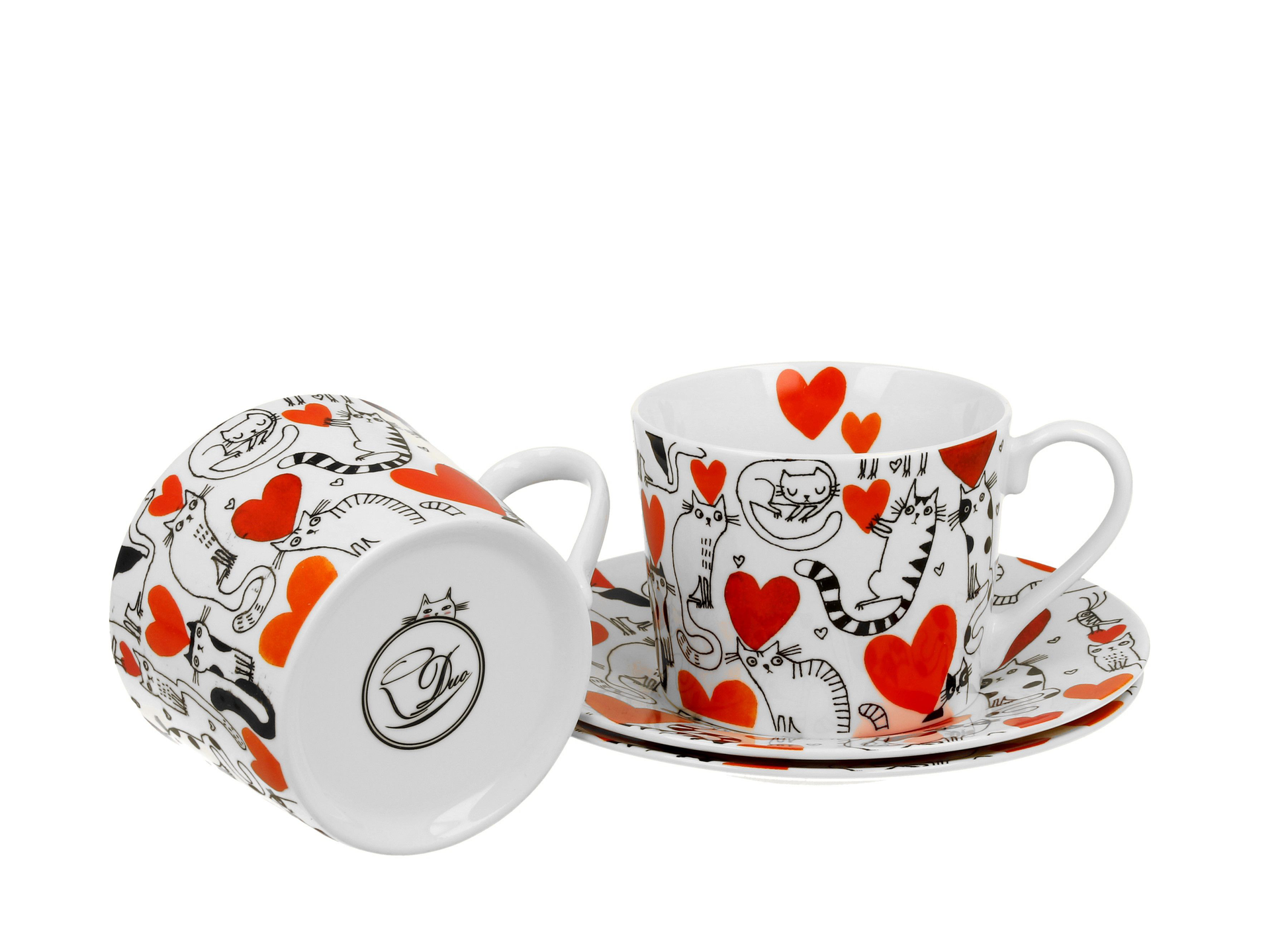 Filiżanki Koci Świat Serca z kolorowym nadrukiem kotów i serc.