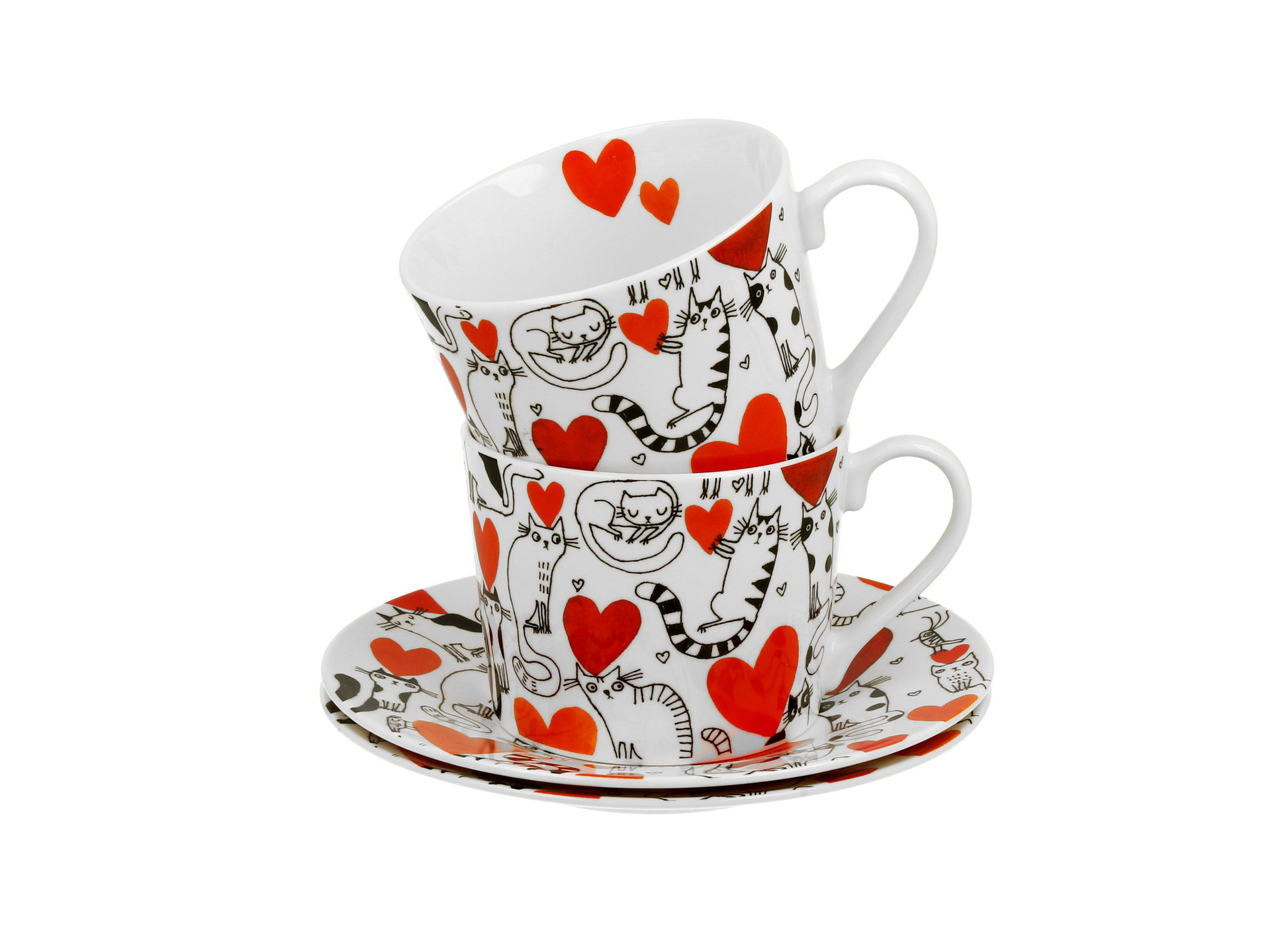 Dwie filiżanki porcelanowe ze spodkami w wzór kotów i czerwonych serc.