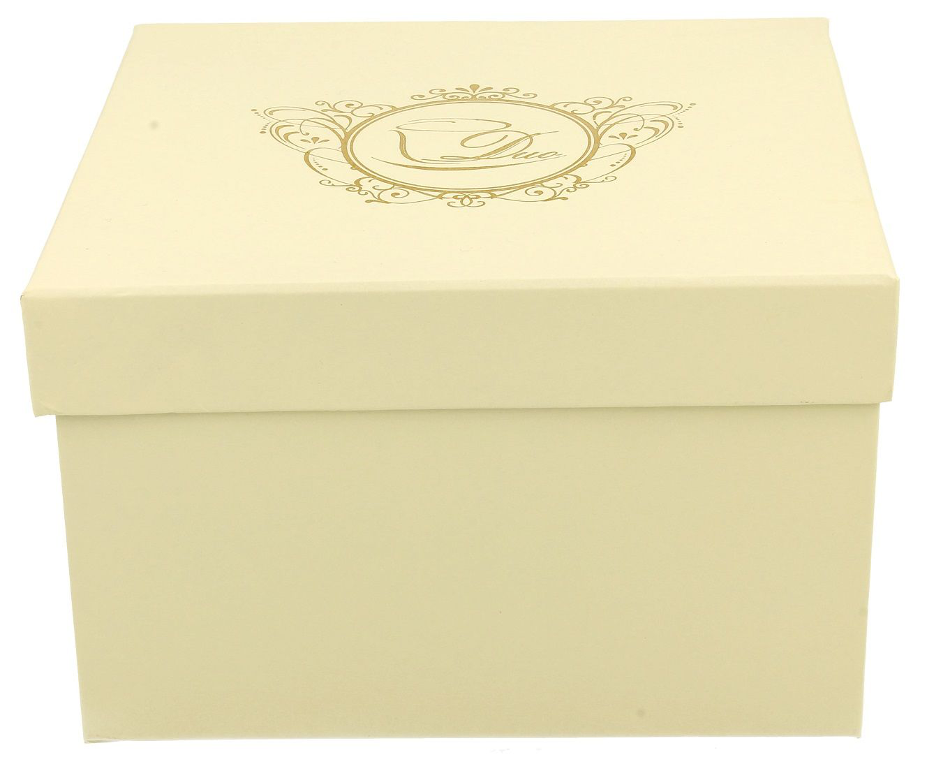 Eleganckie kremowe pudełko z logo Duo, w którym zapakowany jest porcelanowy kubek Ecru Ważka.