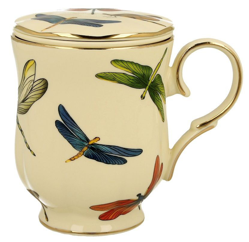 Porcelanowy kubek Ecru w kolorze ecru, ozdobiony kolorowymi ważkami, z dopasowaną przykrywką i złotymi zdobieniami.