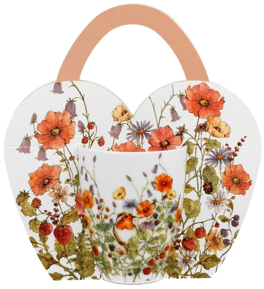 Porcelanowy kubek Wild Bird w ozdobnym koszyczku z motywem polnych kwiatów i ptaka