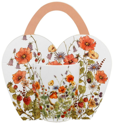 Porcelanowy kubek Wild Bird w ozdobnym koszyczku z motywem polnych kwiatów i ptaka