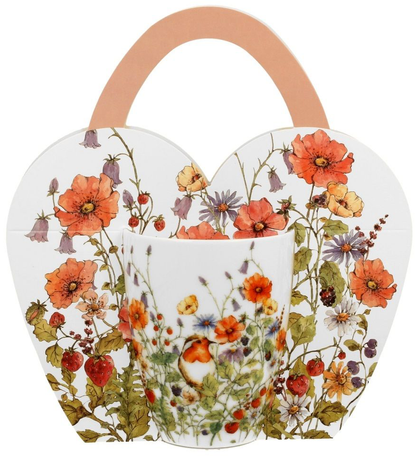 Porcelanowy kubek Wild Bird w ozdobnym koszyczku z motywem polnych kwiatów i ptaka