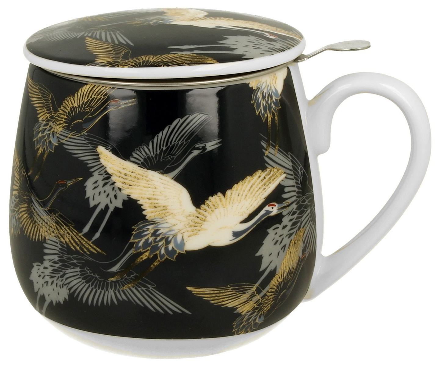 Kubek porcelanowy w czerni ze złotymi żurawiami, z pokrywką.