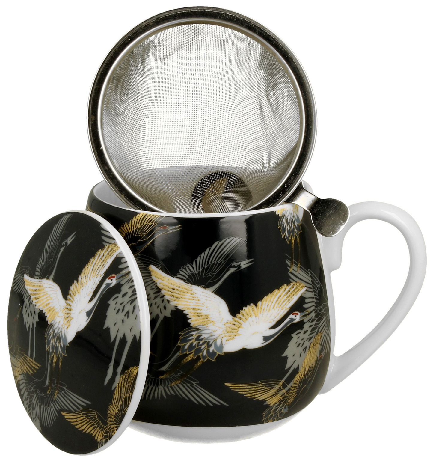 Porcelanowy kubek baryłka z zaparzaczem i pokrywką w motywie żurawi nocą.