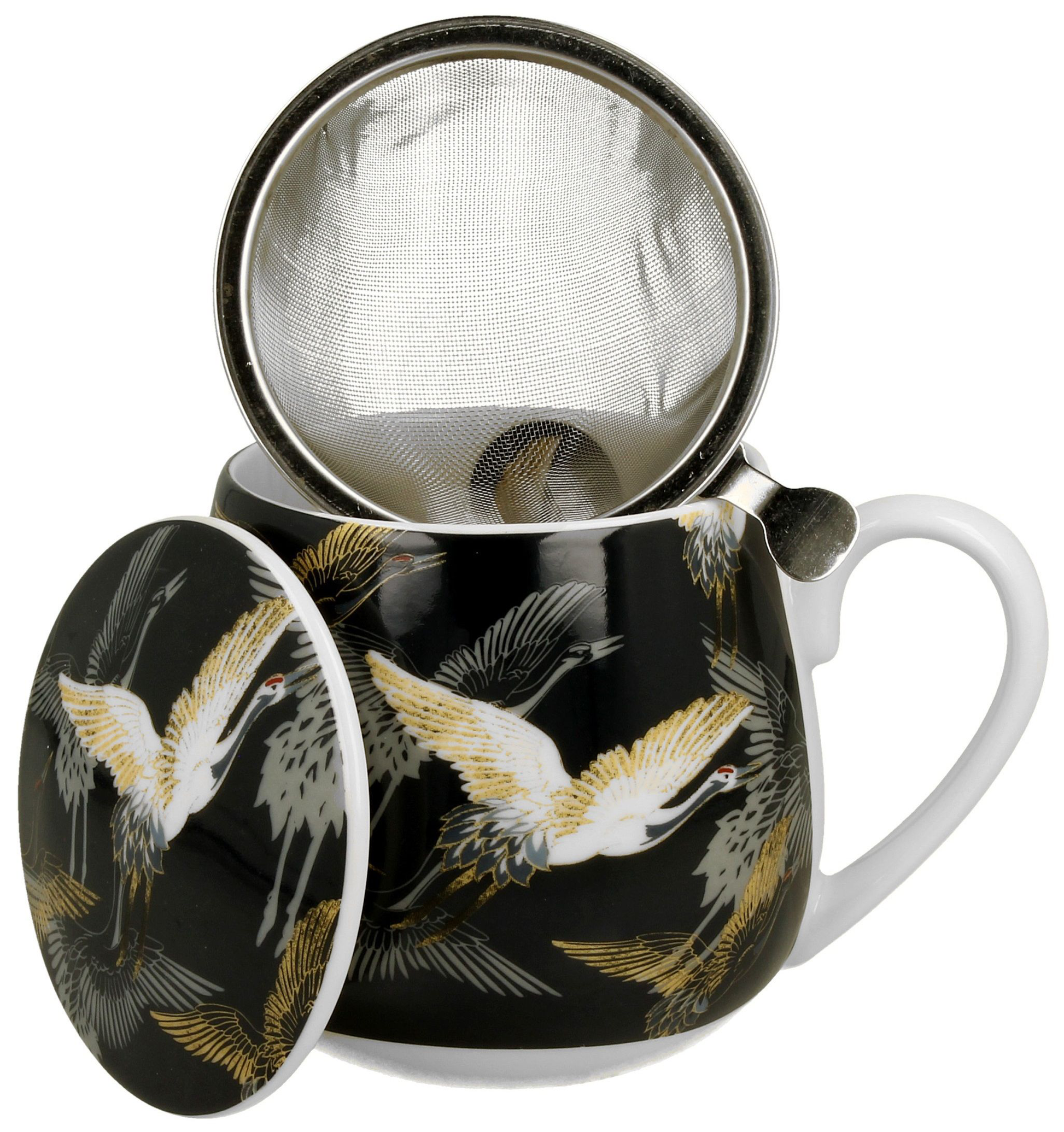 Porcelanowy kubek baryłka z zaparzaczem i pokrywką w motywie żurawi nocą.