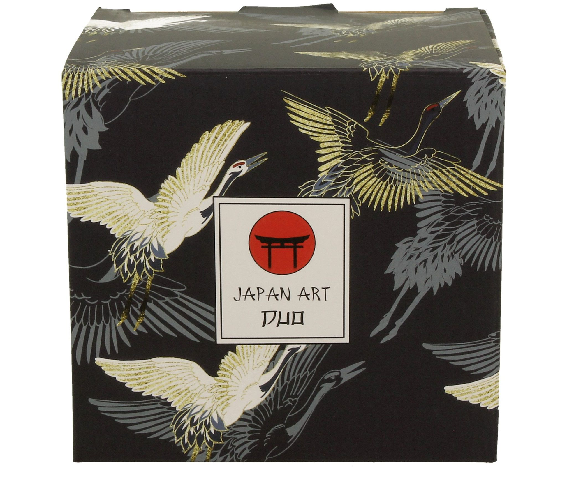 Eleganckie pudełko z orientalnym motywem żurawi na czarnym tle.