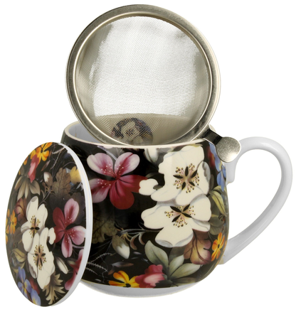 Kubek porcelanowy baryłka z zaparzaczem i pokrywką w kwiatowy wzór Kilburna