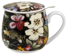 Porcelanowy kubek baryłka z pokrywką zdobiony motywem kwiatowym