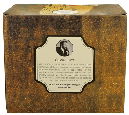 Ozdobne pudełko z motywem Gustava Klimta i opisem artysty.