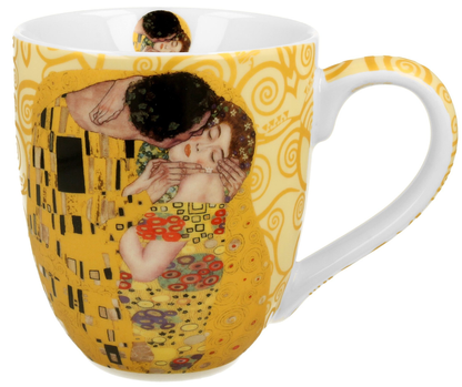 Kubek porcelanowy The Kiss Ecru 1000 ml z motywem dzieła Gustava Klimta, widok z boku.