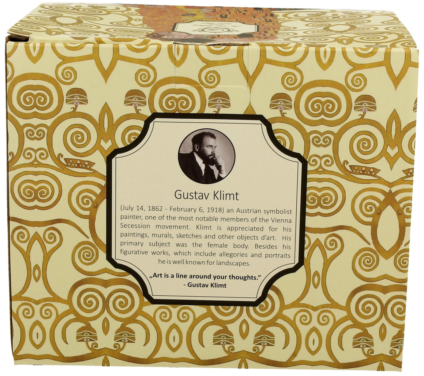 Ozdobne pudełko do kubka porcelanowego The Kiss Ecru 1000 ml ze złocistym motywem Klimta.