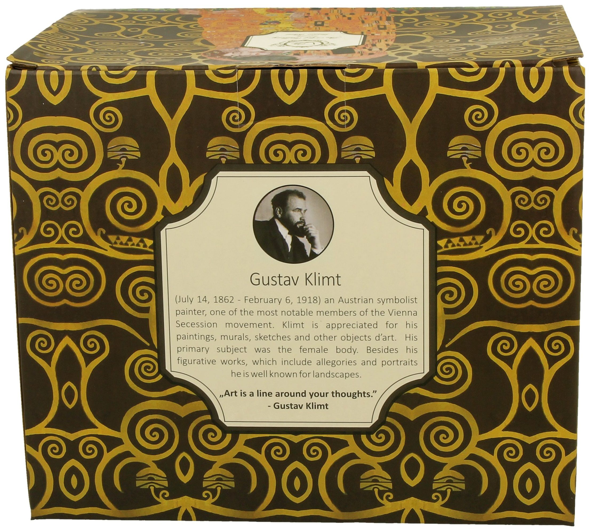Ozdobne pudełko z motywem Gustava Klimta i opisem artysty.